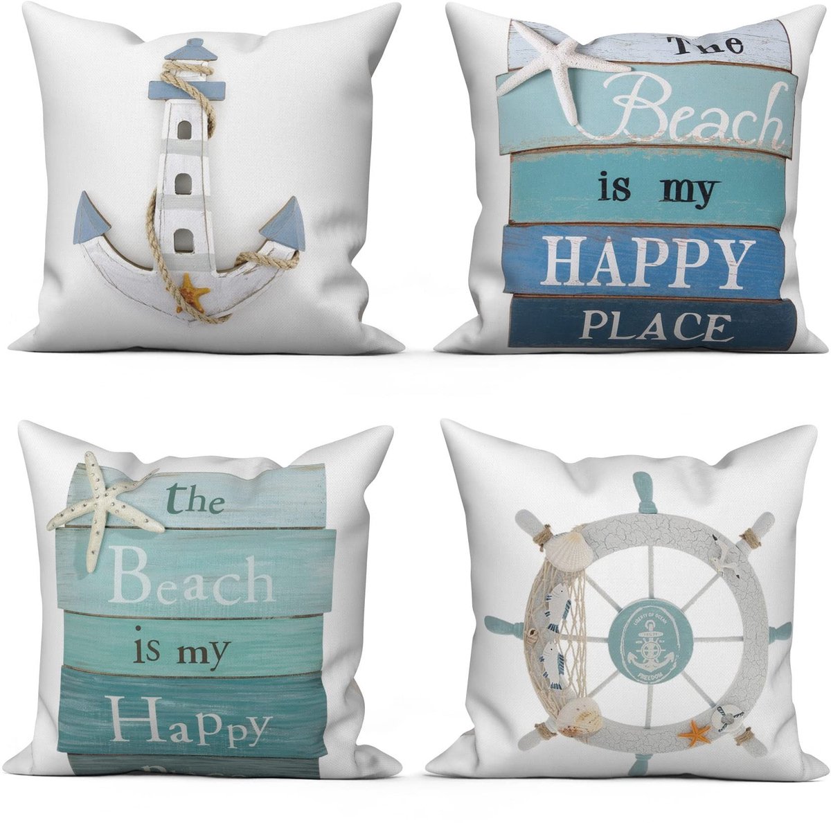 Omgoods - Set van 4 Maritieme Kussenhoezen 40 x 40 cm met Anker en Kompas