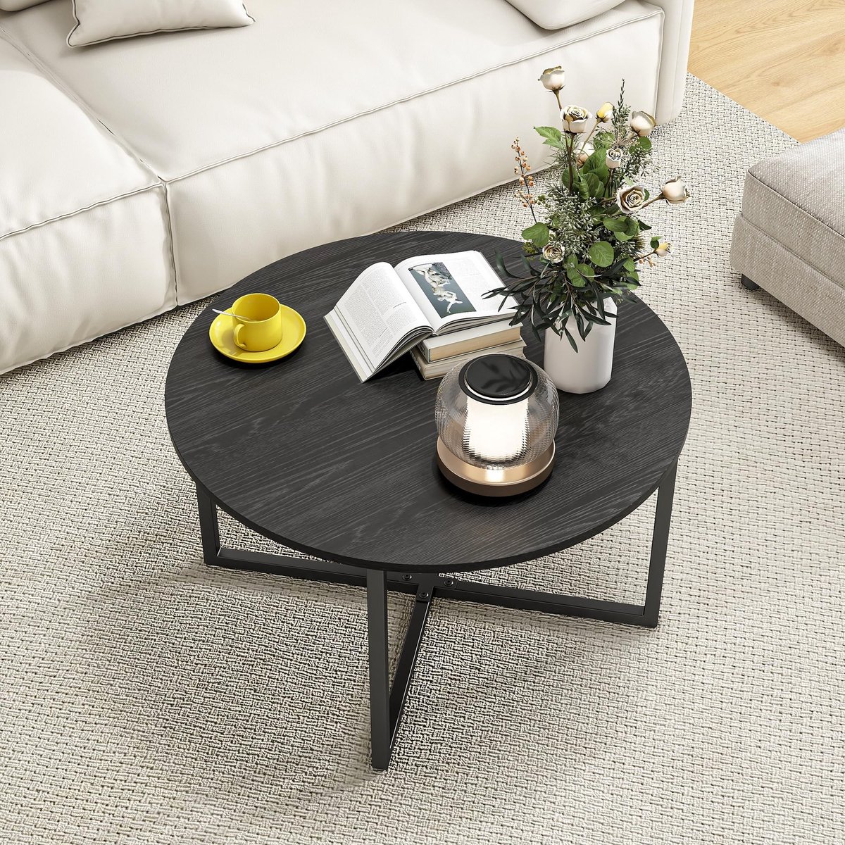 Omgoods - Ronde Koffietafel met Metalen Poten en Houten Top