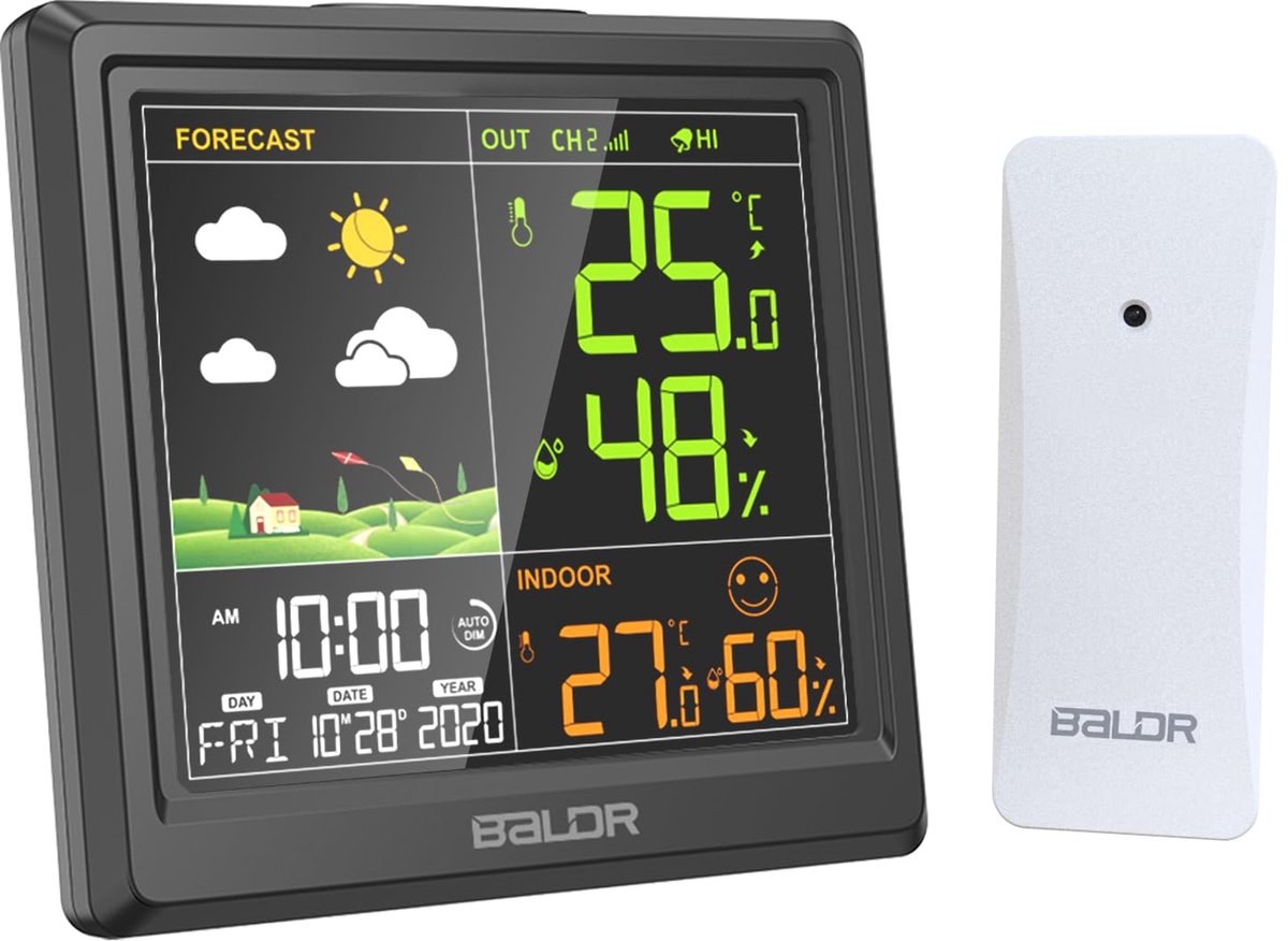 Omgoods- Weerstation Draadloos - Thermometer/Hygrometer/Barometer - Binnen/Buiten - LED-Display met Achtergrondverlichting - Digitale Klok/Alarm - Multifunctioneel met Kalender - Weersensor