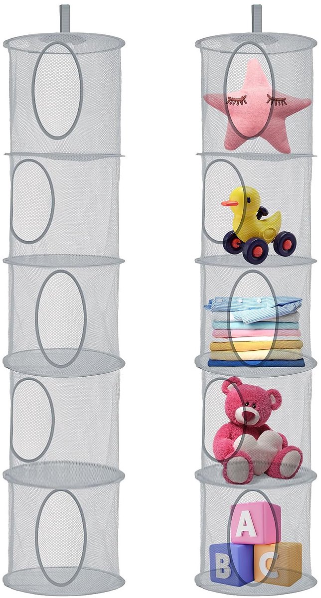 Omgoods - 2 Stuks Hangende Opbergbasket met 5 Niveaus - Vouwbaar voor Kinderen en Badkamer - Grijs