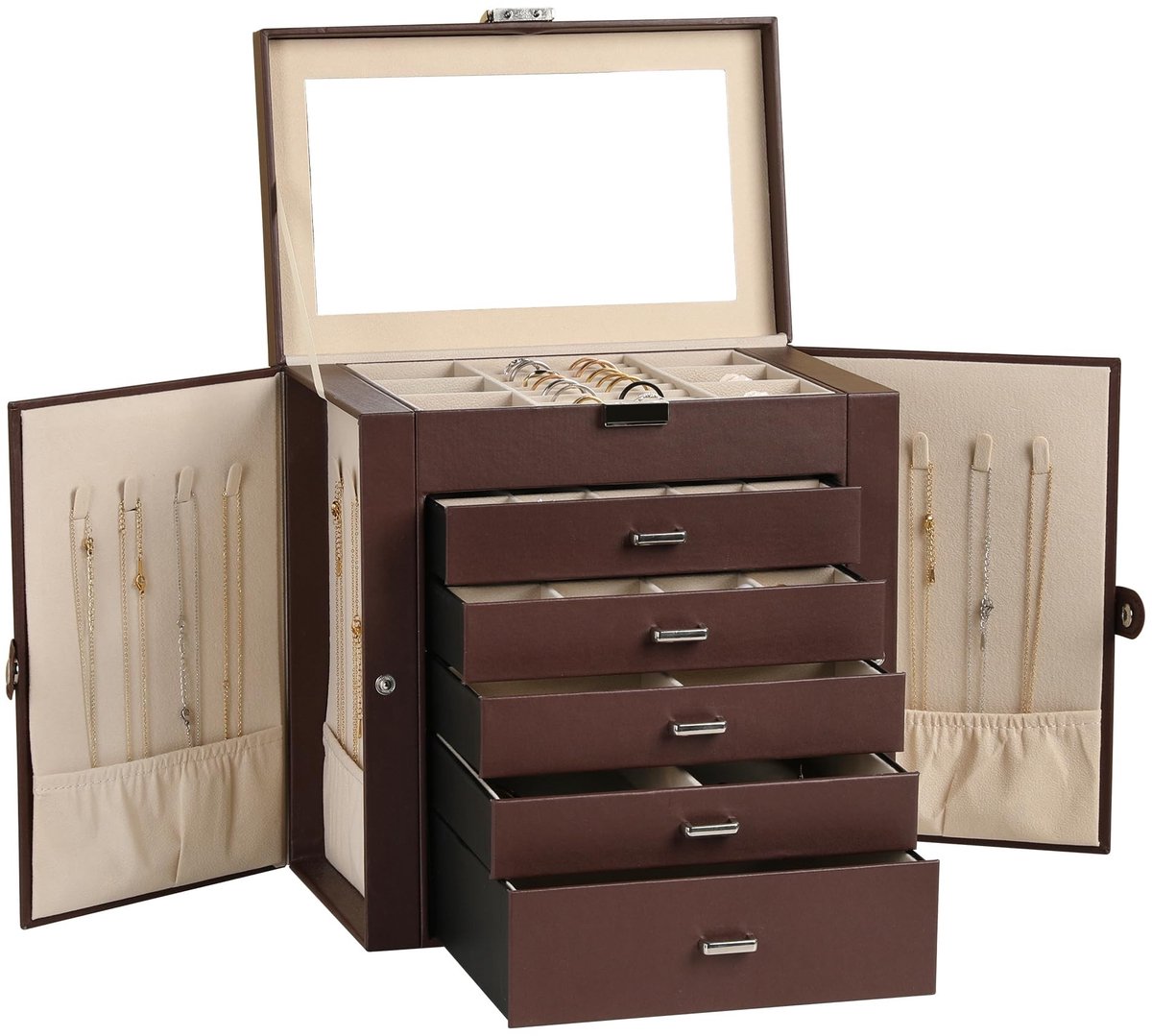 Omgoods - Grote 6 Laags Sieradenbox met Spiegel
