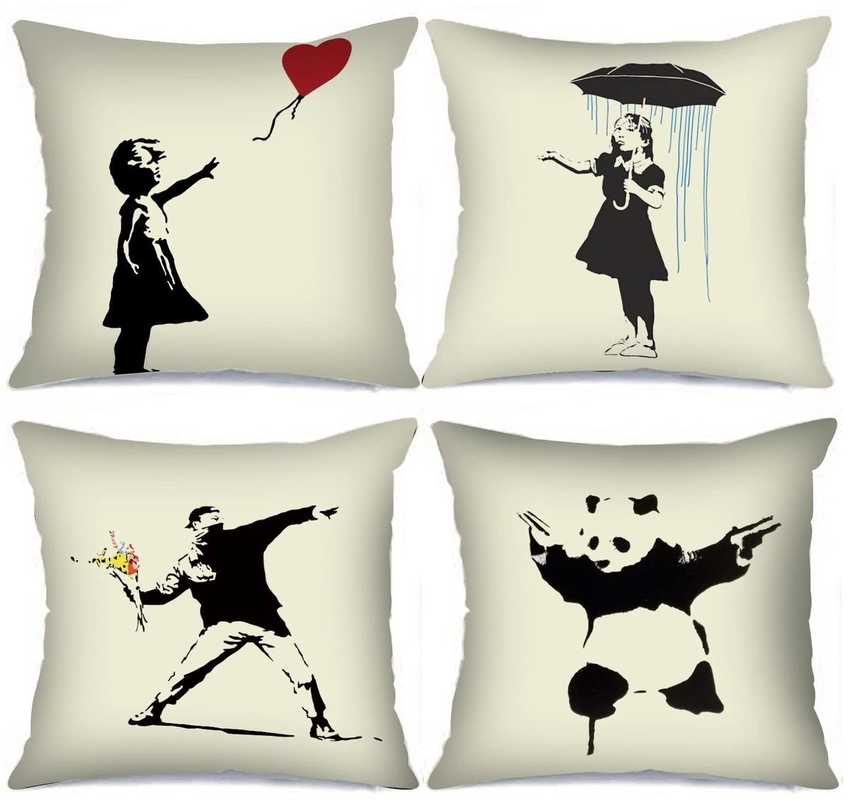 Omgoods - Set van 4 Graffiti Kussenhoezen 45 x 45 cm Zwart-Wit