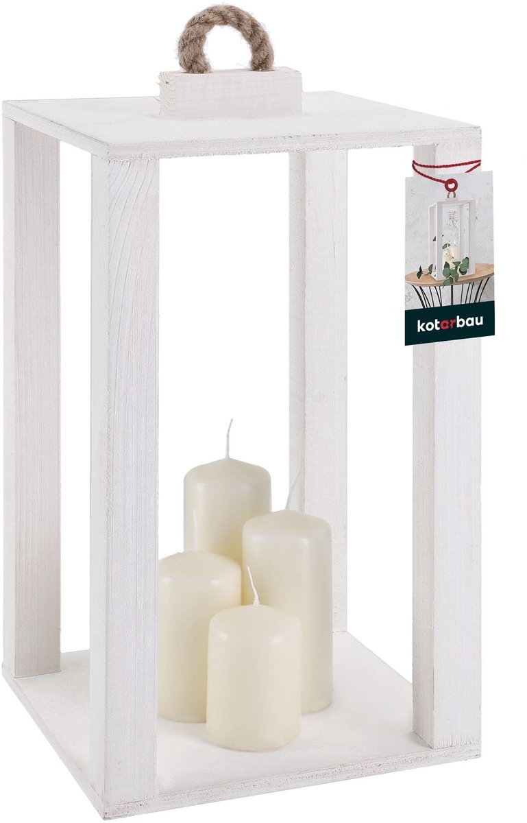 Omgoods - Houten Lantaarn Wit 20 x 20 x 34.5 cm voor Tuin en Interieur