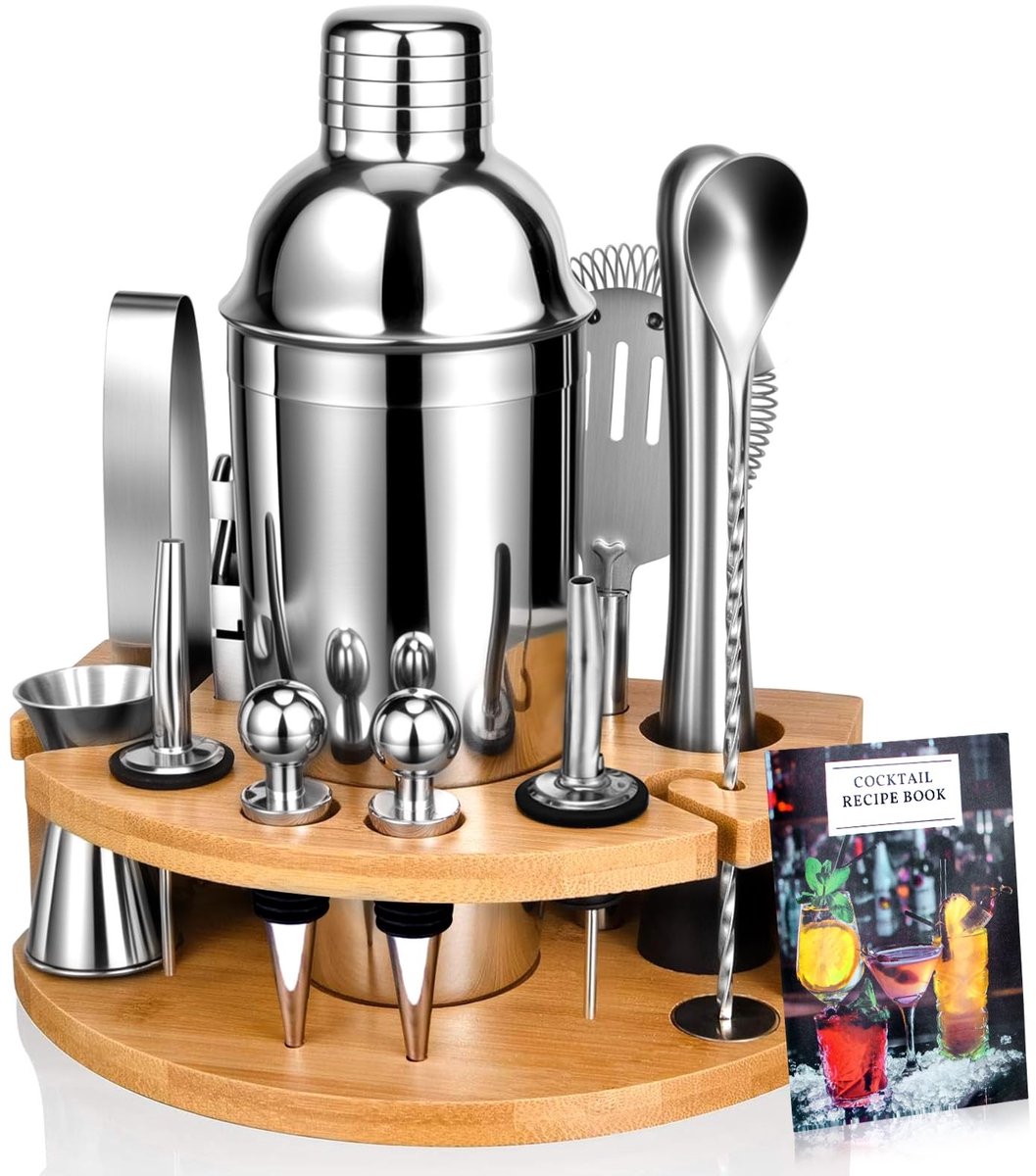 Omgoods - 12-delige Cocktailshaker Set - Inclusief houten standaard