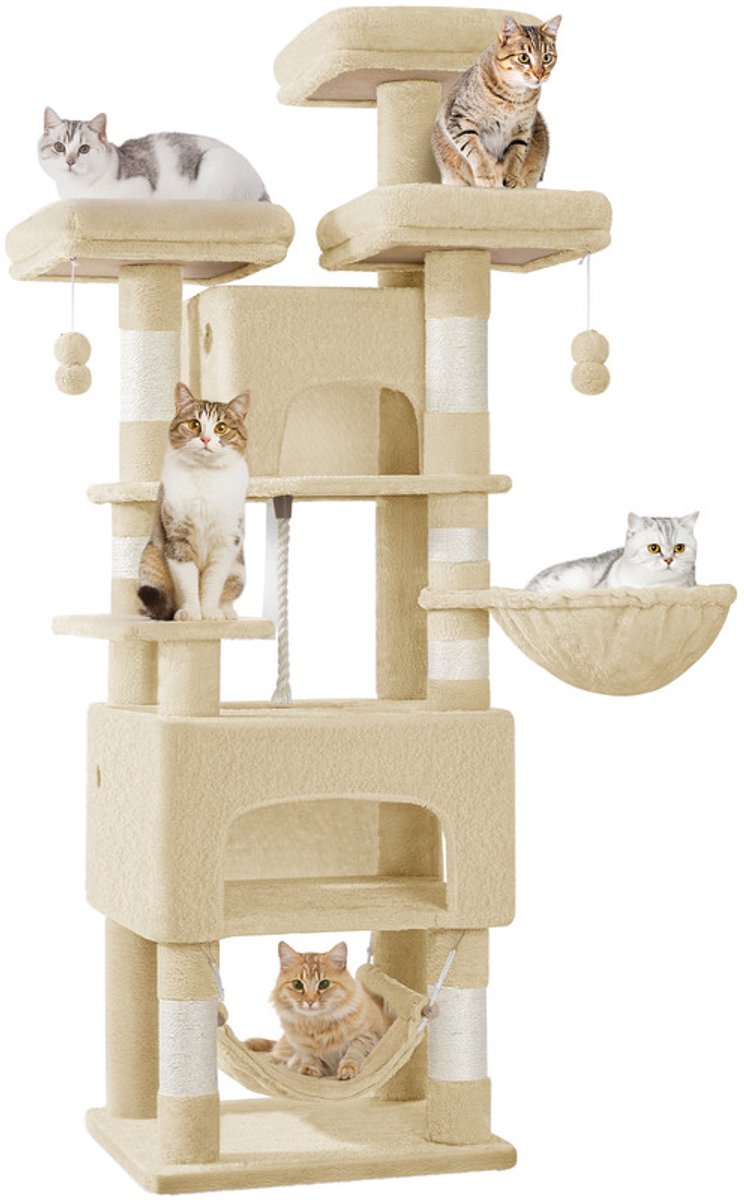 Hzuaneri XL Kattenboom, 176 cm Krabpaal, 3 Platforms, 2 Grotbedden, 7 Sisalkolommen met Hangmat, Robuust Voor Huizen met Meerdere Katten, Beige