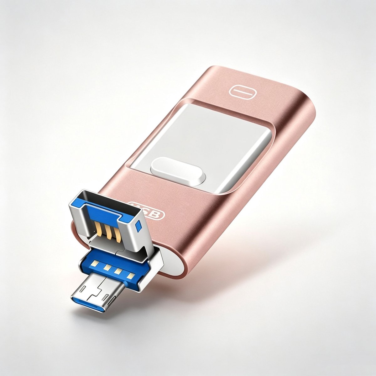 128GB 4-in-1 USB-flashdrive – Plug and Play – USB-C / Micro-USB / USB-A – Snelle gegevensoverdracht – Compatibel met Apple- en Android-computers en -telefoons – Roze.