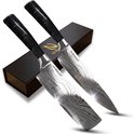 Twee HI NATURE koks- en nakirimessen met Damascus patroon, zwart handvat, in geschenkdoos.