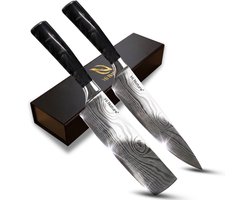 HI NATURE™ Koksmessen set 2 | Messensets 2-Delige Koksmes 20 cm & Nakiri Mes 17 cm Lemmet - Koksmes japans - Chef knife Damascus Patroon - Keuken Mes - Japans Snijmes | Ergonomisch Handvat - Japanse messen - Zwart