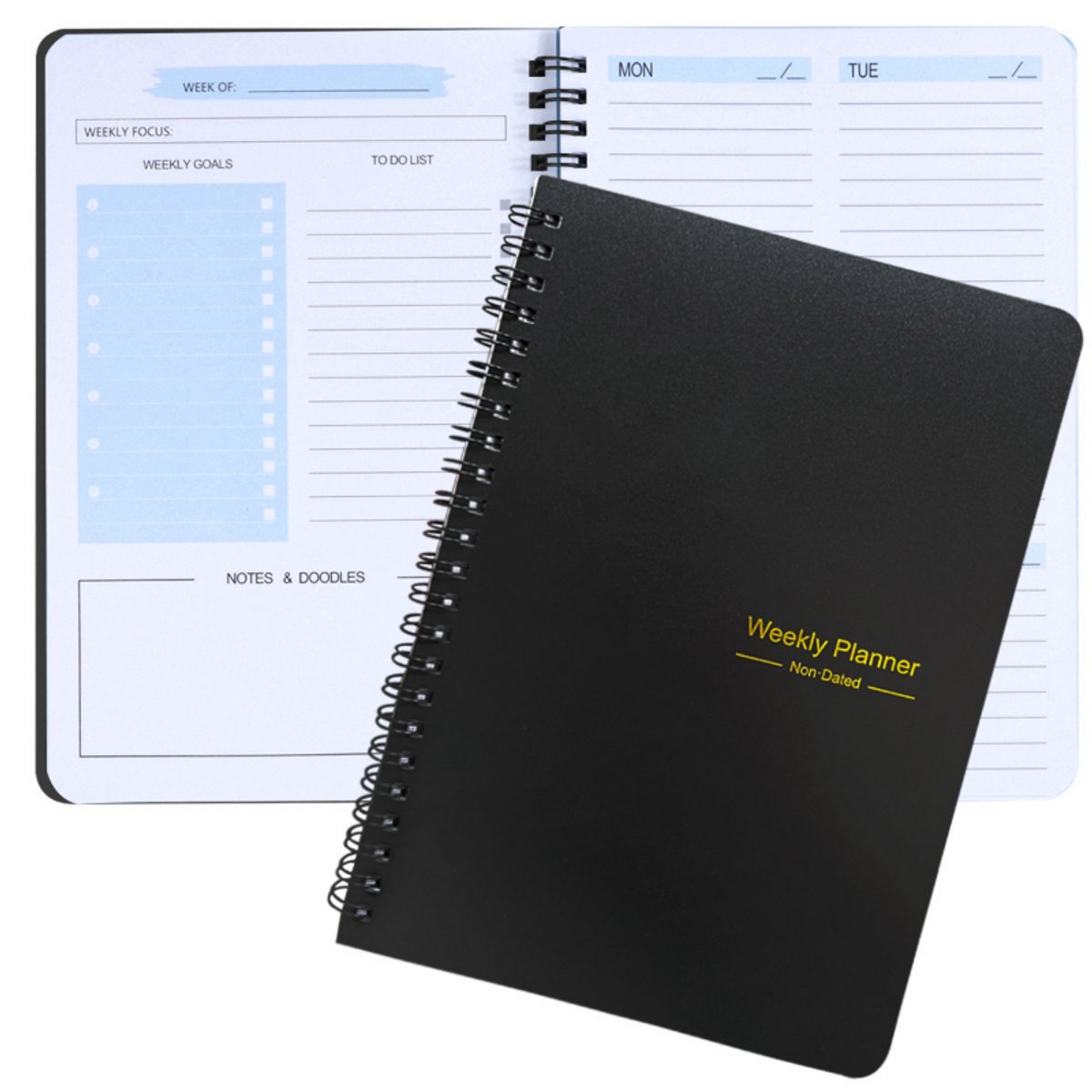 Bobypet - Undated Weekly Planner A5 - Weekplanner Zonder Datum met Habit Tracker & Doelen Organizer - Spiraal Notitieboek voor Werk, School & Studie - Zwart en blauw