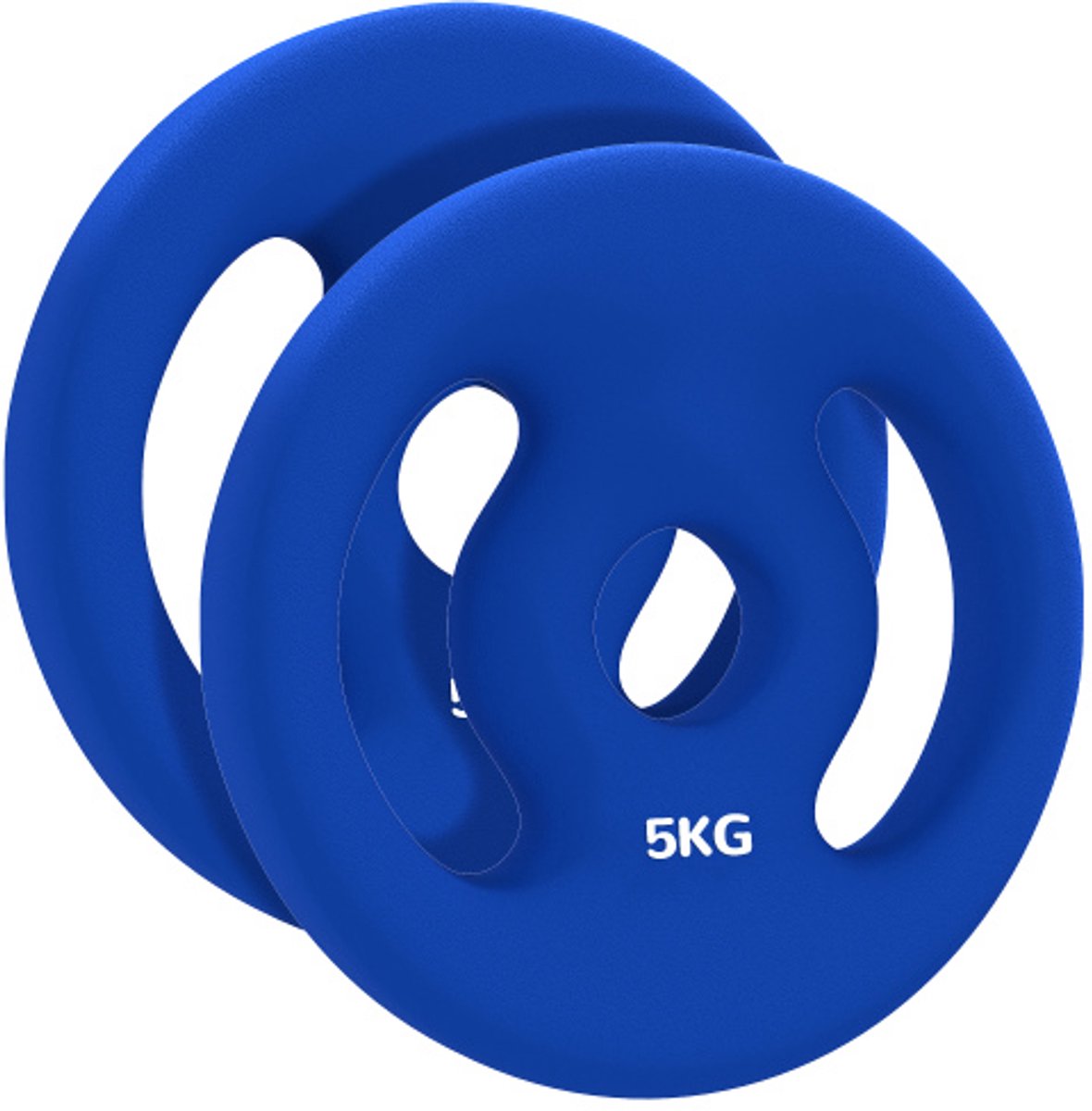 Set van 2 blauwe kunststof gewichtsschijven 2x5kg, gat Ø30mm geschikt voor 2,5cm dumbbellstang met handgrepen