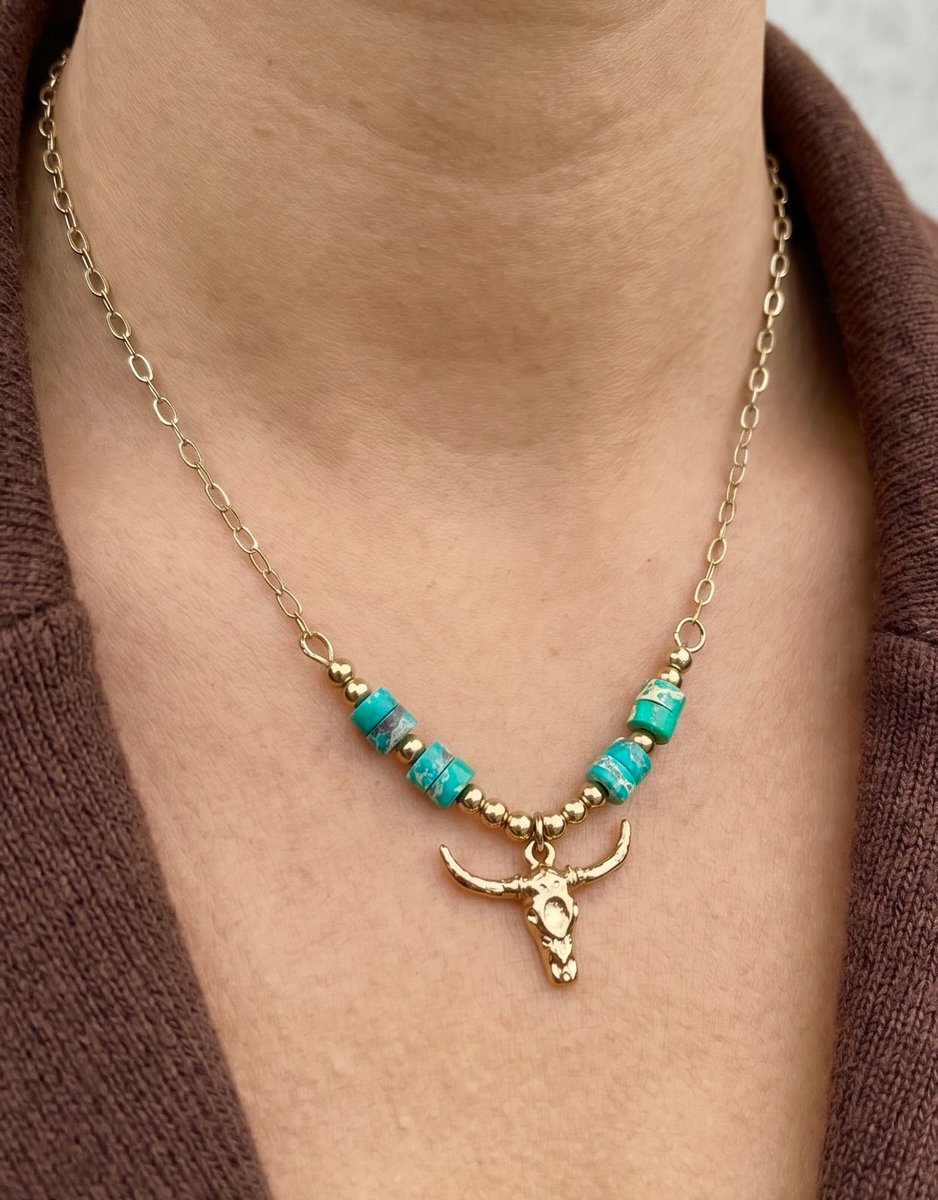Anelplus Dames Ketting met Turquoise Kralen en Stierenkop Hanger – Goudkleurige Halsketting – Bohemian Western Stijl – Trendy Sieraad voor Vrouwen