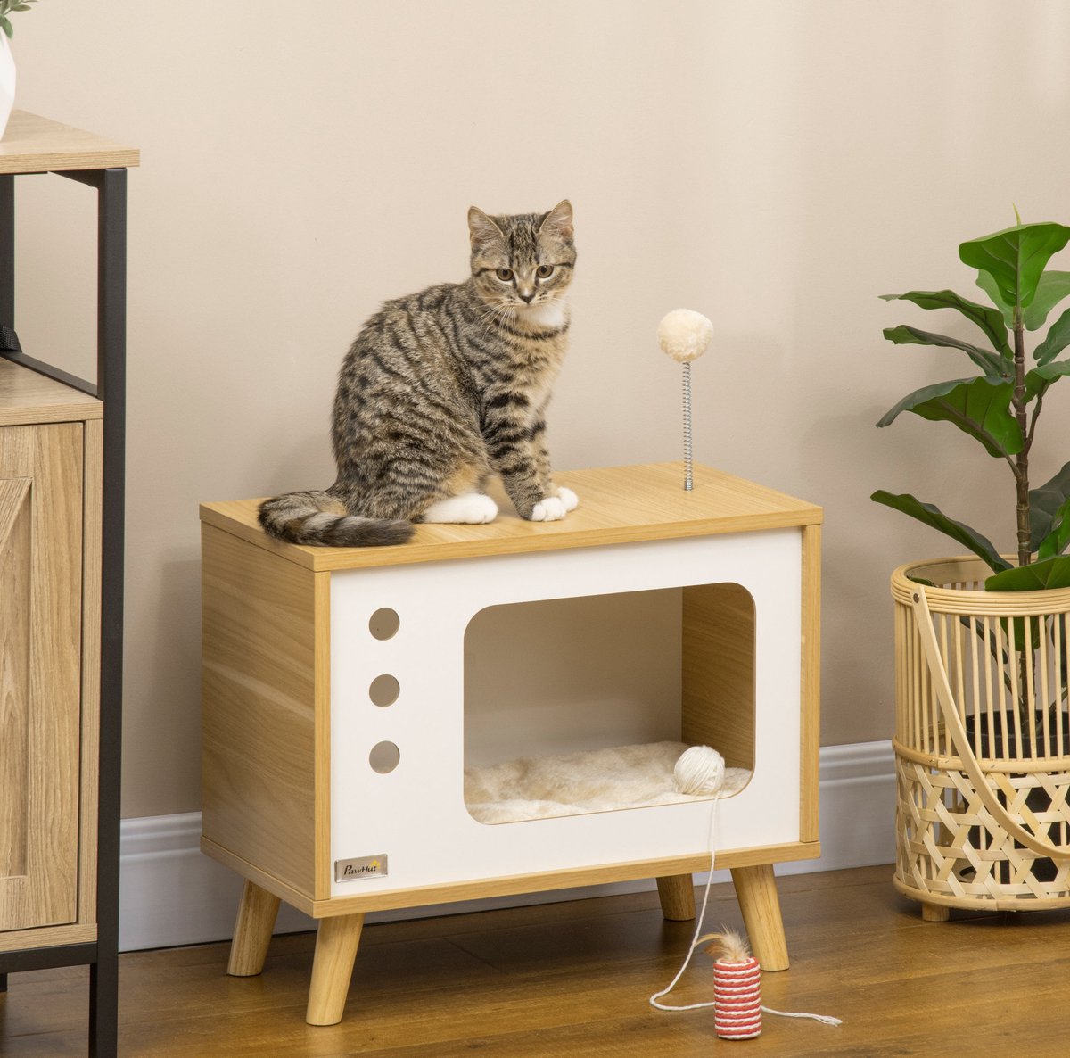 COVREO Kattenhuis 50x28x43 cm beige, spaanplaat met kussen en speelbal