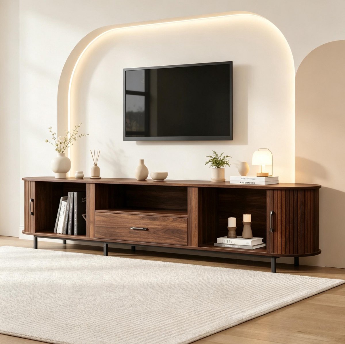 FloraGrace Tv-Meubel - Retro Dressoir Met Schuifdeuren En Lade - Voor Woonkamer En Tv Tot 75 Inch - MDF - 180x40x50 Cm - Walnootkleur