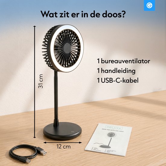 Zwarte tafelventilator (31cm hoog, 12cm breed) met LED-ring, USB-kabel en handleiding.