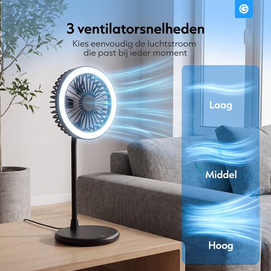 Tafelventilator met LED-ring, die luchtstroom toont in de standen laag, middel en hoog.