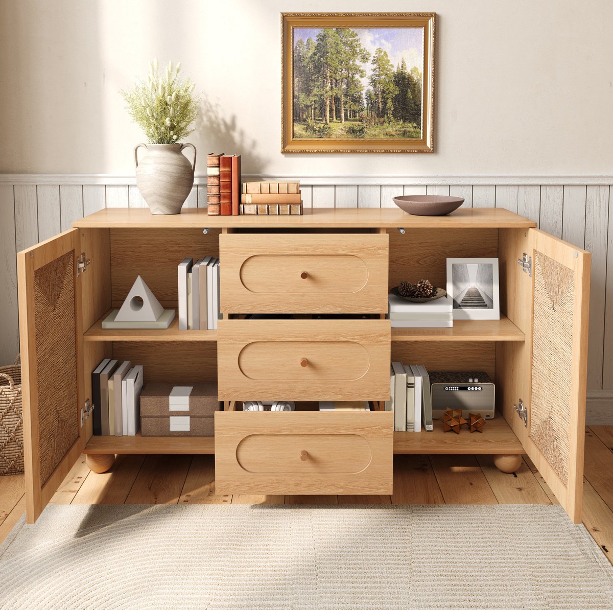 FloraGrace Dressoir - Natuurlijk Design Met 2 Deuren En 3 Lades - Opbergkast Voor Hal Woonkamer En Eetkamer - Houtlook - 140x40x80 Cm