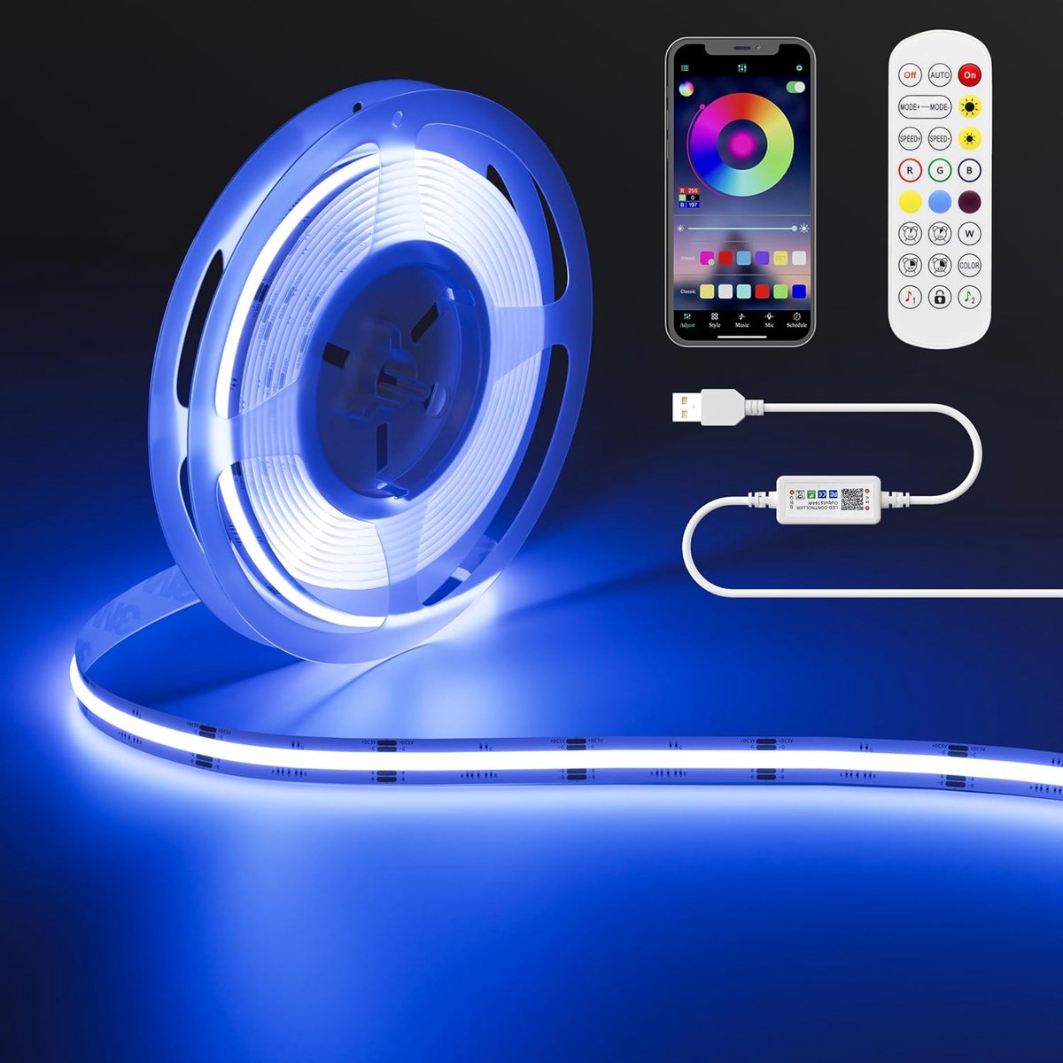 USB RGB COB-ledstrip, 5 V, 3 m, kleurveranderende strip licht met 600 leds/m, veelkleurige flexibele ledstrip met Bluetooth Smart APP Controller voor tv, slaapkamer, feest, doe-het-zelf