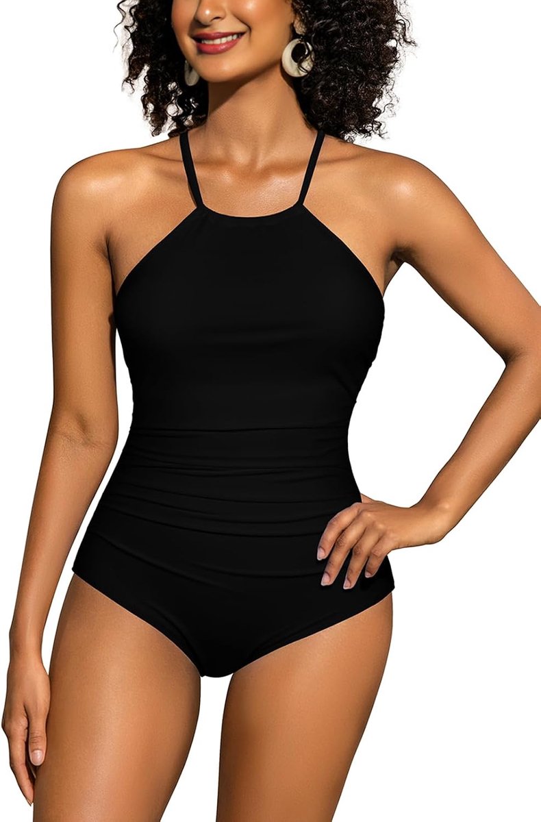 Eendelig badpak voor dames, retro, ruches, buikweg, badmode, hoge hals, houder, grote maat, modieus badpakken voor vrouwen