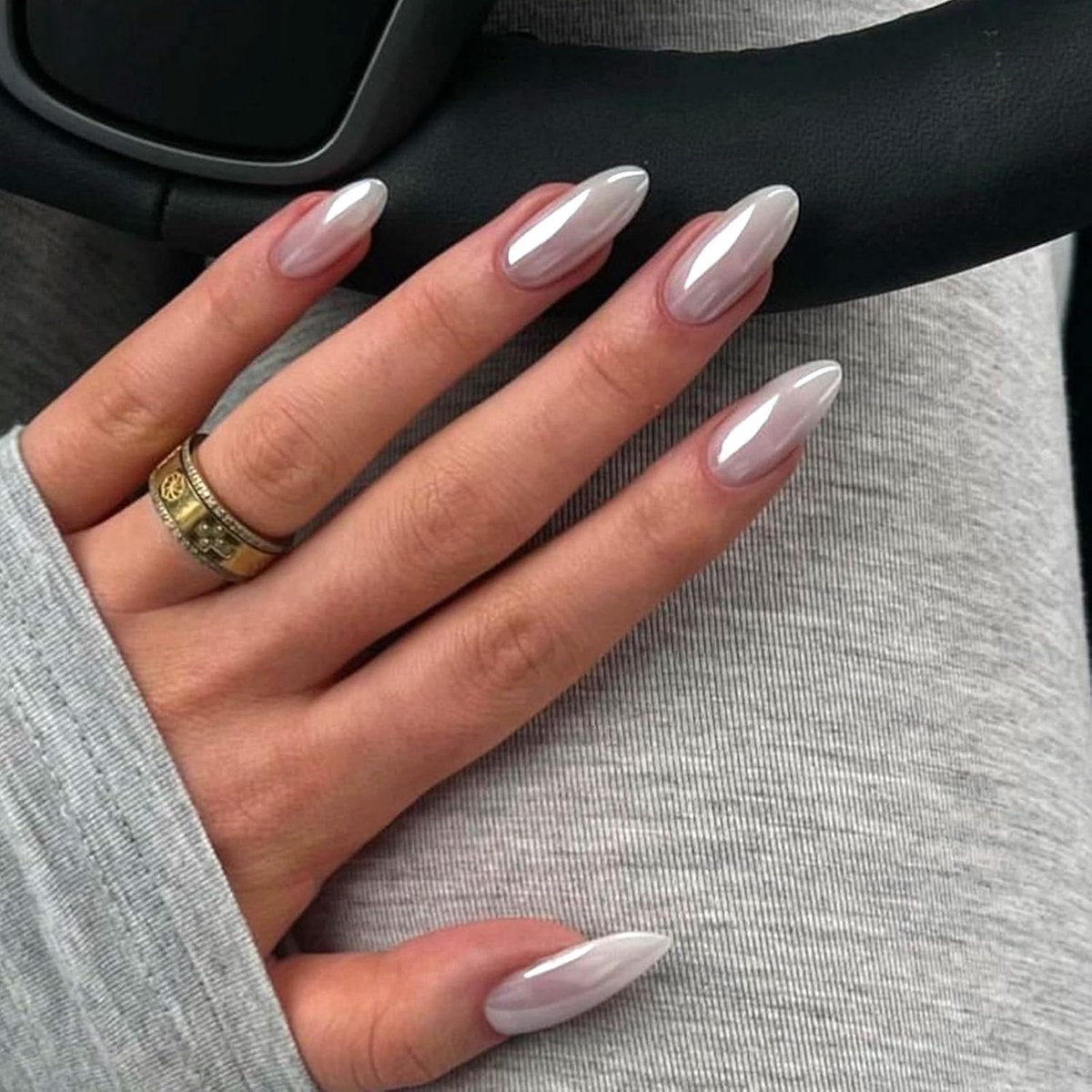 24 stuks kunstnagels, medium amandelen, Aurora wit, French press on nagels, effen, glitter, acryl, volledige afdekking, kunstnagels, natuurlijke kunstnagels, voor dames en meisjes