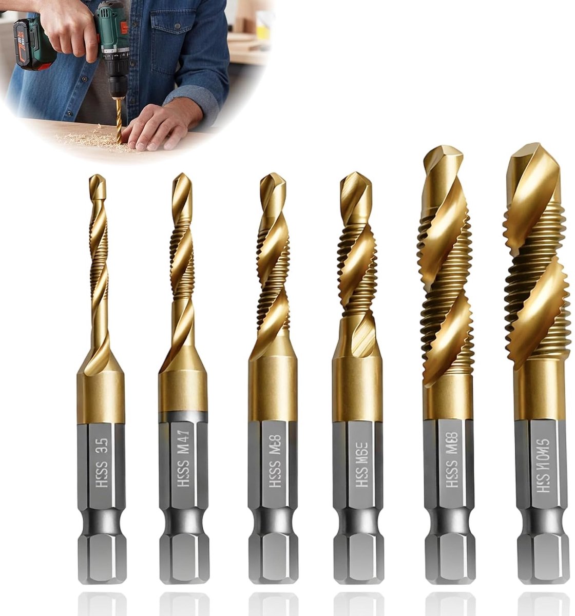 6-delige combi-boor en draadsnijset, 6-delige combi-boor en draadsnijset M3, M4, M5, M6, M8, M10, 2-in-1 schroefdraadboor HSS met roestbescherming, voor metaal, hout, kunststof