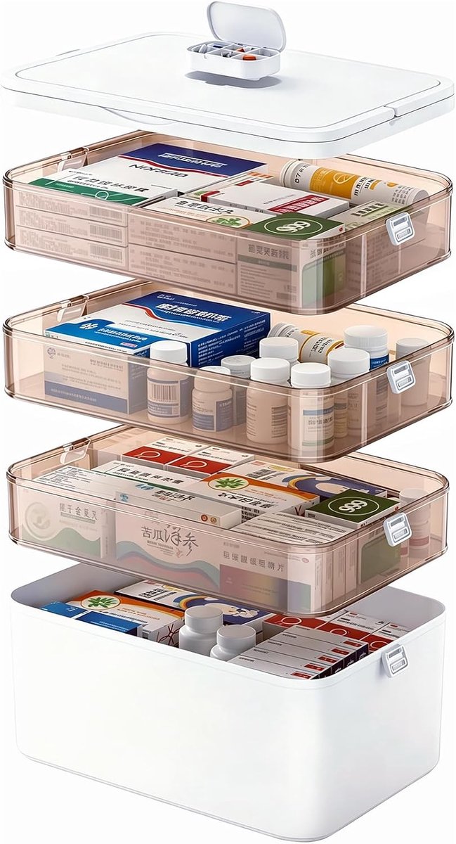 Medicijndoos, medicijnopslag, medicijndoos, 4-laagse opbergdoos met handvat, kunststof organizer met kleine reispillendoos