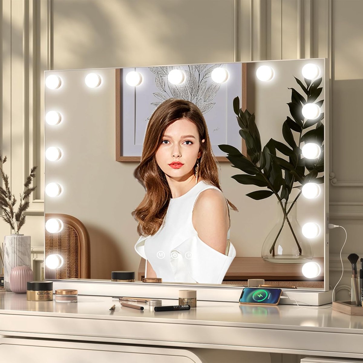 SnelShoppen - Makeup Spiegel met Verlichting, Hollywood Spiegel met 3 Lichtkleuren, Duurzame Make-up Tafel Spiegel met USB, Touch Control, 60 x 52 cm