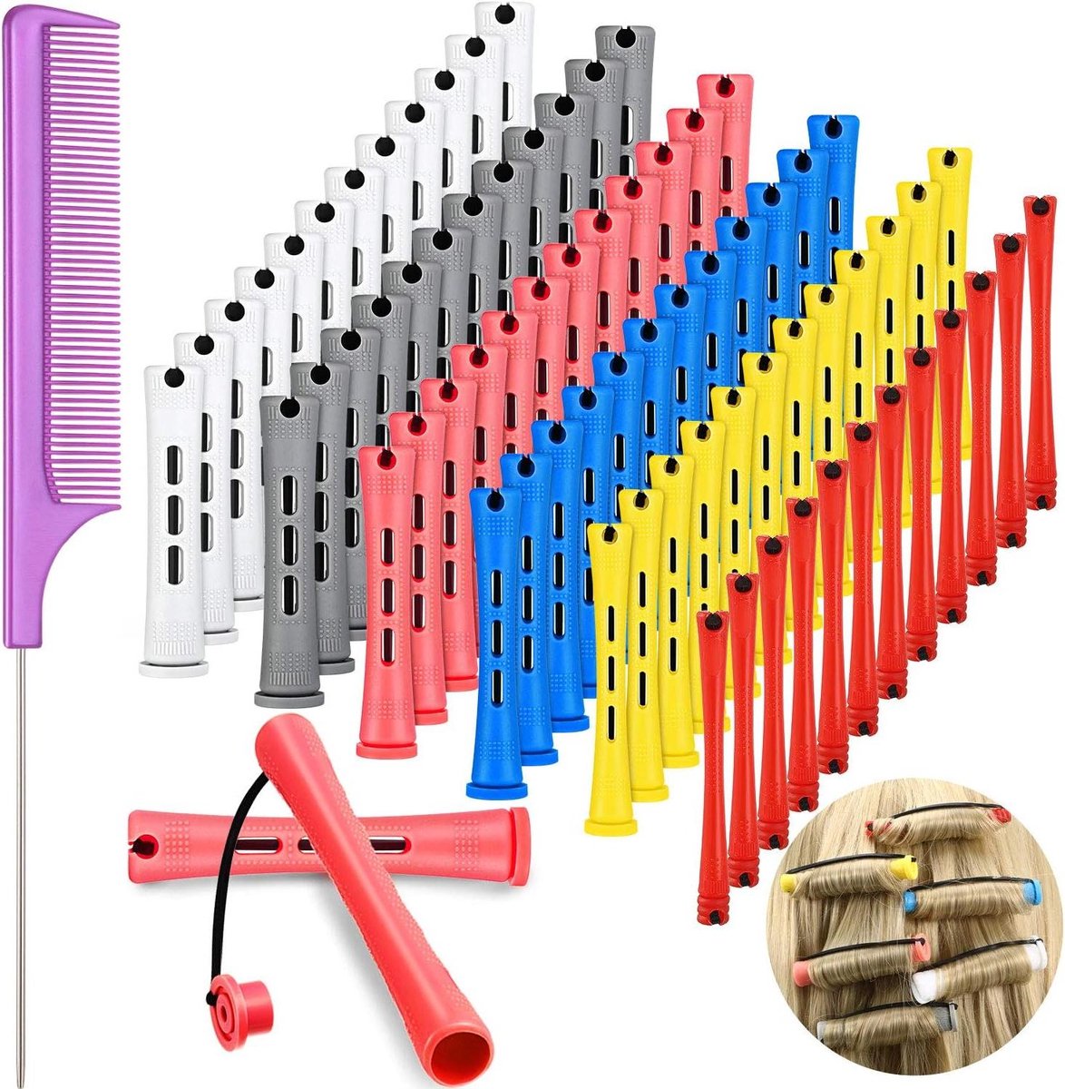 Haar Perm Stokken - Krulstokken Haar Styling - Krullen Creëren - 6 Verschillende Diameters - 72 Stuks - Gekleurd