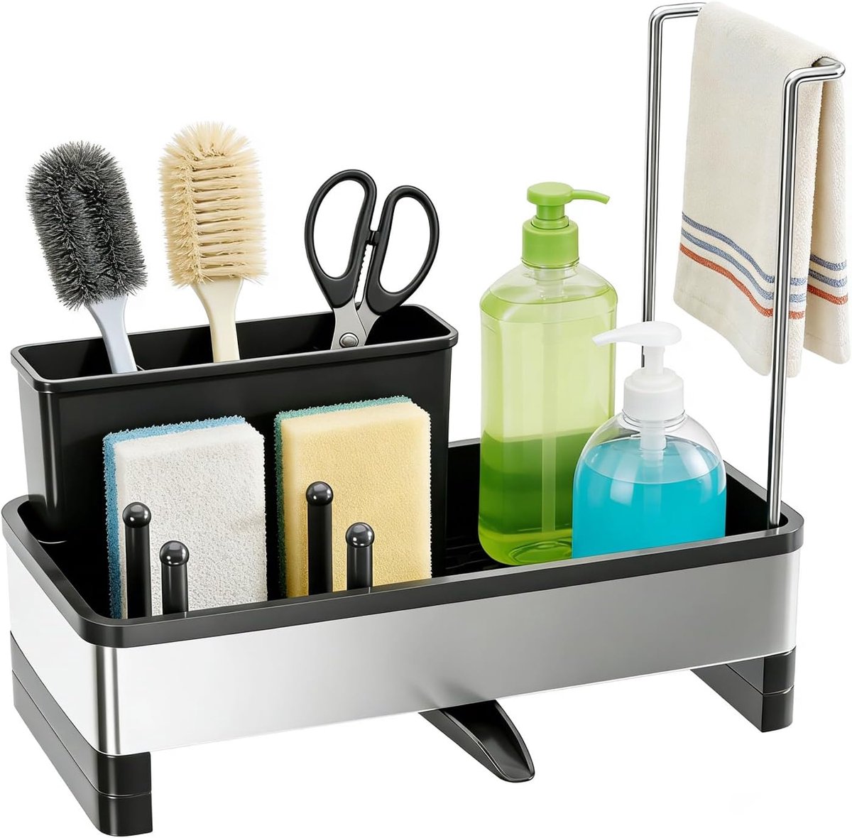 sponshouder met automatische afvoerfunctie, multifunctionele keukenspoelbak-organizer (zwart)