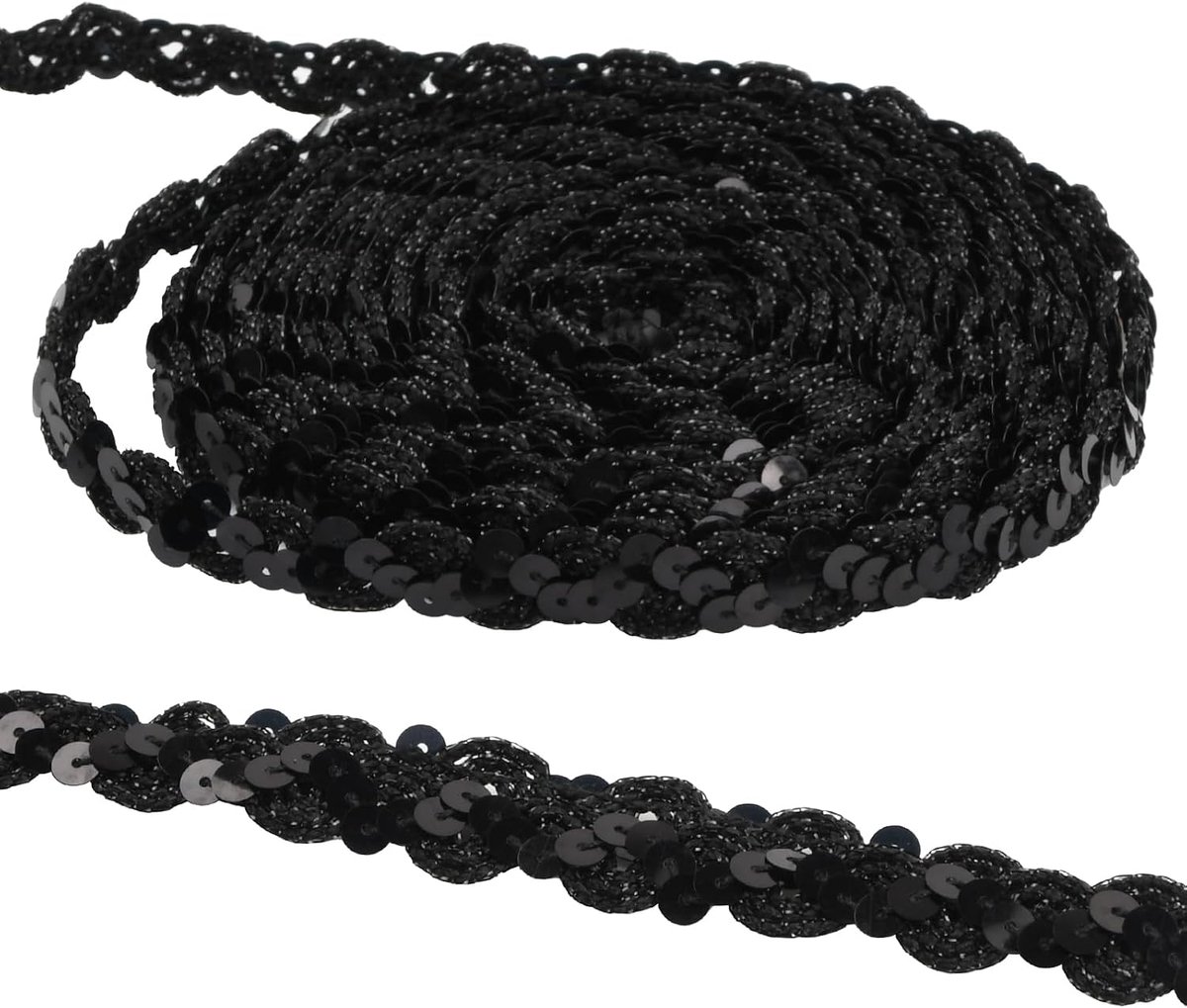 Paillettenband, kleurrijk, 15 mm, kleurrijke pailletten, trim, paillettenband van stof, stretch, zwart, voor naaien, sieraden maken, knutselen, jurken decoreren (zwart)