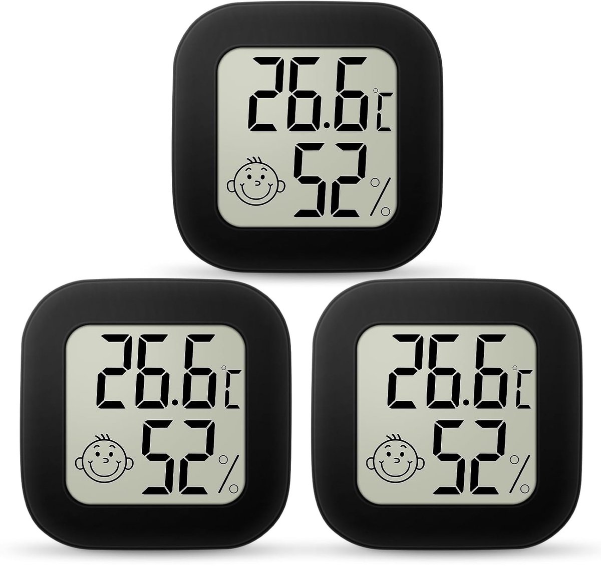 Digitale hygrometer binnenthermometer, kleine kamerthermometer met LCD-display en gezichts-icoontjes, vochtigheidsmeter met temperatuur-vochtigheidsmonitor voor slaapkamer, babykamer, magazijn, kelder, auto, 3 stuks