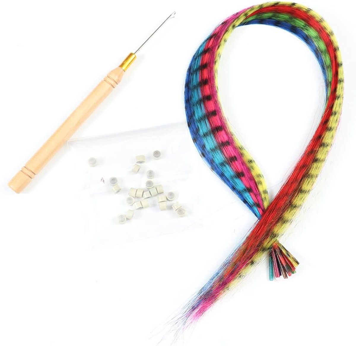 veren-haarverlengingsset, kunsthaarextensies, haarstrengen voor kinderen, veer, haarhaarstukje, tang, haken met parels, paardenstaart, vlechten, extensie haarverlenging, clip (10