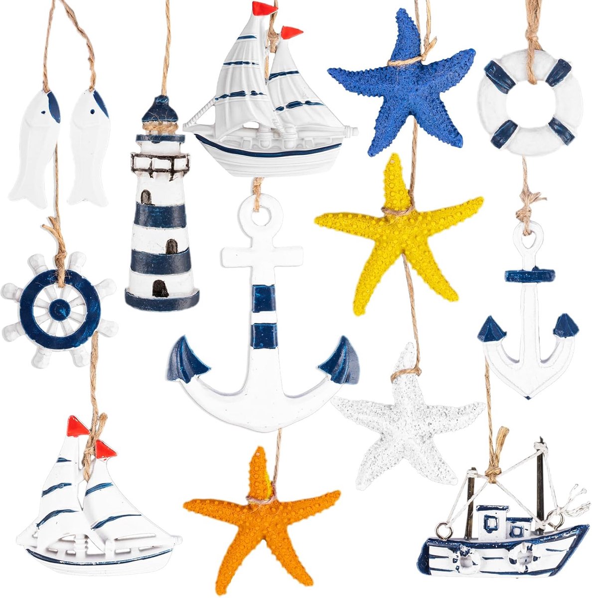 Hangers Nautische Decoratie 14 PCS, Maritieme Decoratie Hanger Set, Zeester Reddingsboei Vuurtoren Decoratie Zeester Decoratie Stuurwiel voor Zomer Raamdecoratie Woonkamer Decoratie Hanger