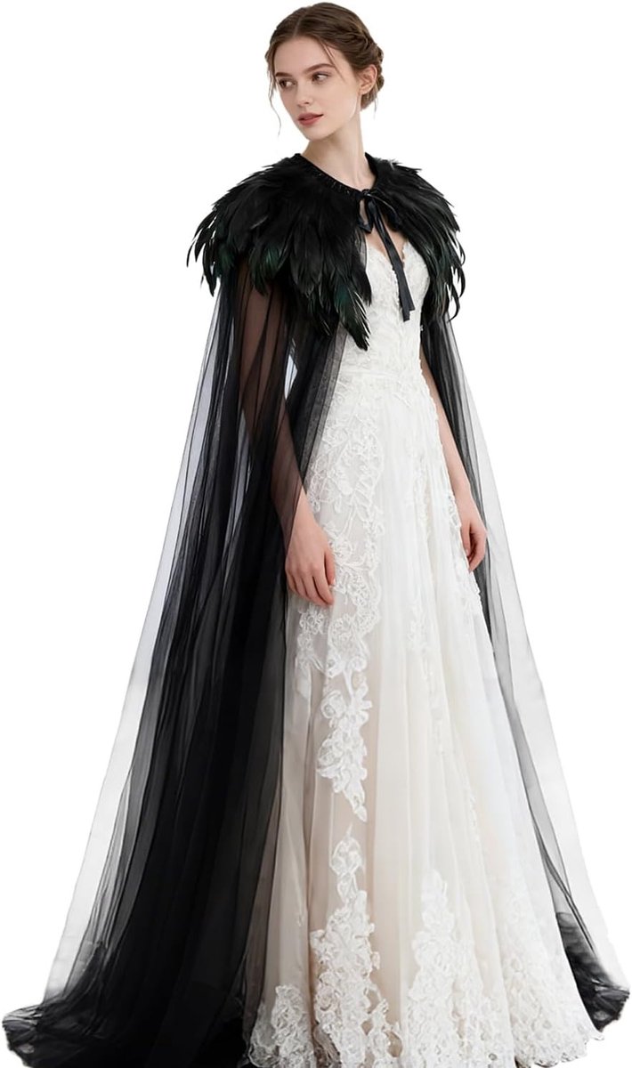 Zwarte Tule Cape met Veer Kraag voor Halloween, Maleficent Kostuum en Feestaccessoires