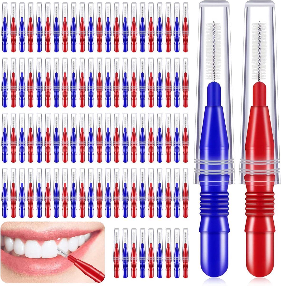Interdentale borstels, tandenstokers, tandzijde, tussendoorborstels, hoofd, mondhygiëne, interdentale borstel, tandzijde, tandenstoker, reinigingsgereedschap (rood en blauw)