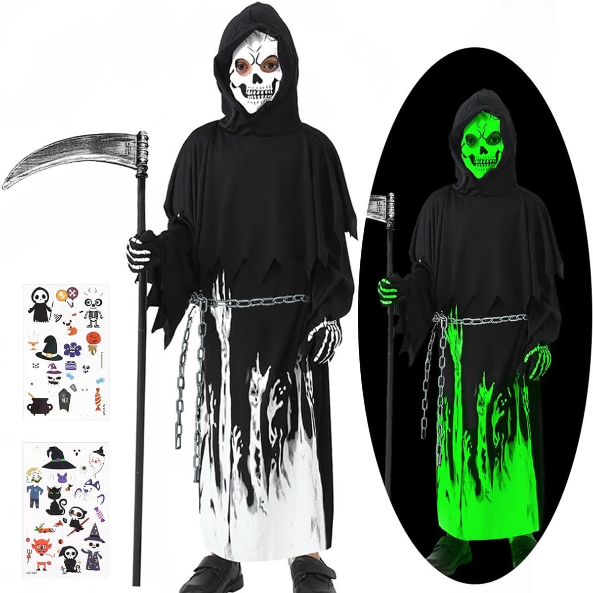Sensenman-kostuum voor kinderen, Halloween-kostuum, Glow in the Dark, griezelig Grim Reaper kostuum, licht, met Sensenmann jumpsuits, latexmasker, handschoenen, zeis, tailleketting en