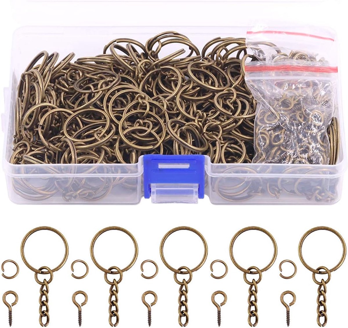 450-delige set bronzen sleutelhangerringen van 4/5" (20mm), inclusief 150 met ketting, 150 splitringen en 150 schroefoogpinnen in bulk voor sieraden en accessoires (20mm, brons)