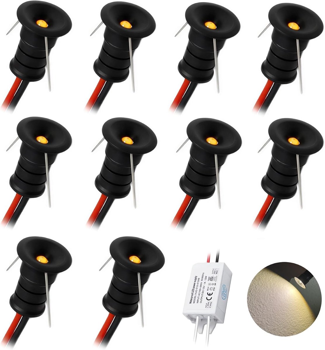 10 stuks 12V 0,5W Mini LED Inbouwspot, IP65 Waterbestendige Kleine Inbouw Schijnwerper, 10mm Ronde Plintspot Kast Vitrine Display Keuken Trap Badkamer Nis (Zwart Warm Wit)