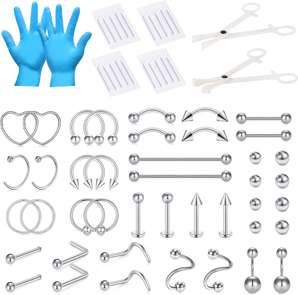 Professionele piercing-set voor alle piercings, 14 G, 16 G, 18 G, 20 G, piercing-naalden, roestvrij staal, neus, septum, , lippen, wenkbrauwen, smiley, lichaamssieraden