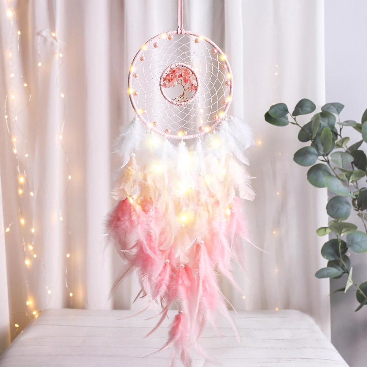 decoratie, Dsaren Led Dromenvanger Meisjes Handgemaakte Dreamcatcher Kant Dromenvanger Veren Wit voor Goede Dromen Wandbehang Auto Kamer Meisjes Creatief Cadeau (A Roze)