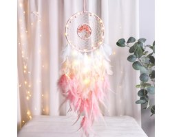 decoratie, Dsaren Led Dromenvanger Meisjes Handgemaakte Dreamcatcher Kant Dromenvanger Veren Wit voor Goede Dromen Wandbehang Auto Kamer Meisjes Creatief Cadeau (A Roze)