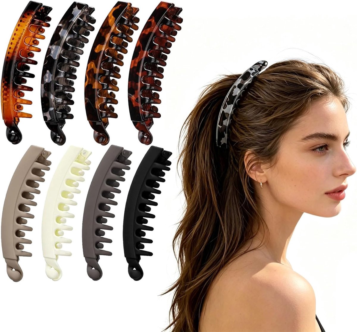 8er Set Banana Haarspangen voor Dames, Franse Haarclips in Tortoise-Design, Voor Dun en Dik Haar, Kwalitatief Haaraccessoire voor Paardenstaarten en Half-Up Stijlen