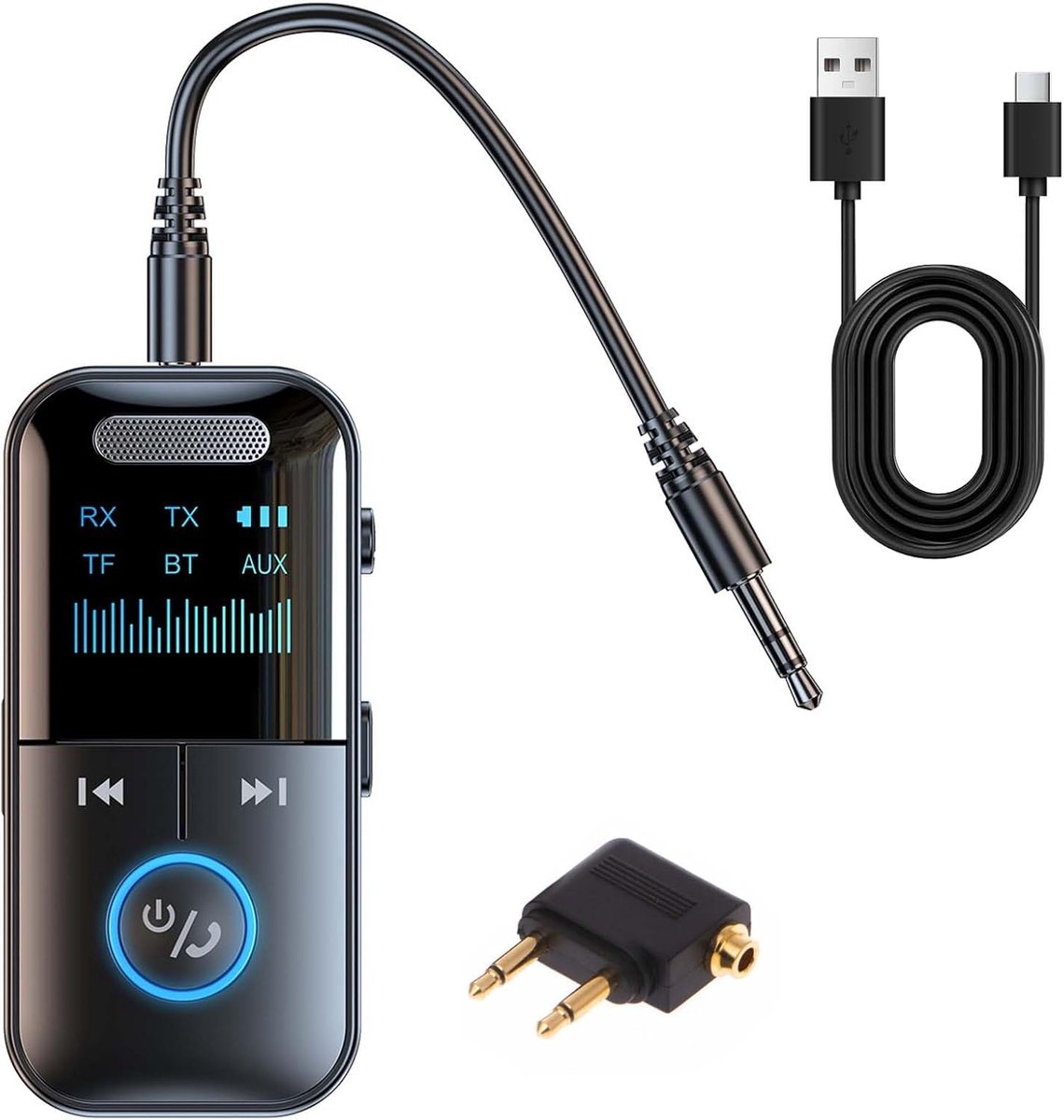 2-in-1 Bluetooth-adapter, ontvanger en zender, Bluetooth 5.3 voor tv, auto/vliegtuig, dual pairing, 3,5 mm jack, tot 12 uur gebruik