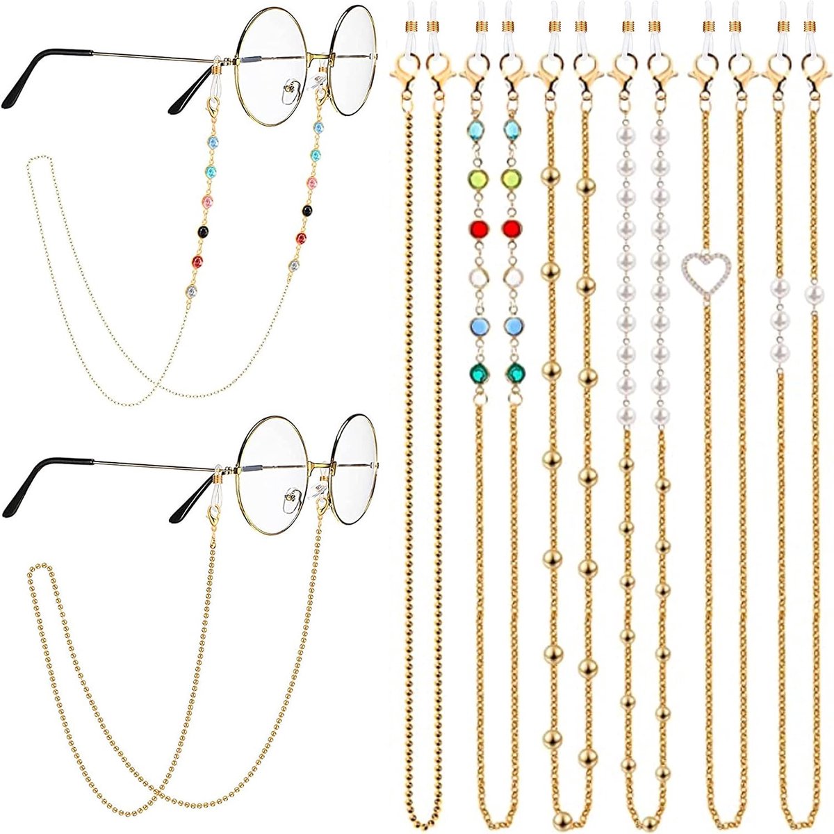 6 stuks brillenkettingen voor dames, zonnebrilketting, brilbandjes, brilband, ketting, brillenband, 12 stuks, siliconen anti-slip ringen voor leesbrillen, zonnebrilmontuur, ❱❱, M