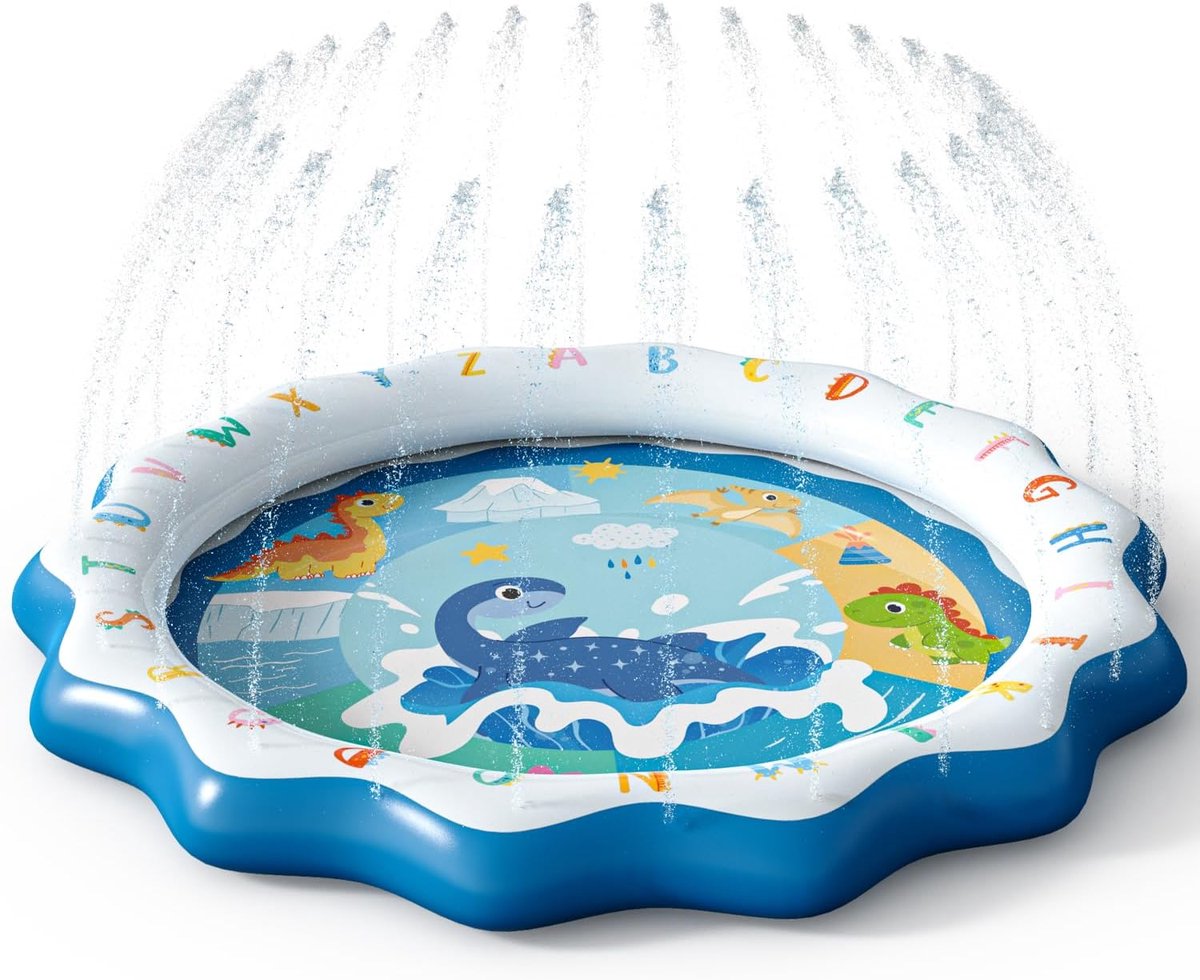 Dinosaurus Splash Pad, speelmat met watersproeier, 170 cm zomer waterspeelgoed voor kinderen, watermat voor outdoor familie-activiteiten, feesten, strand en tuin, 170 cm
