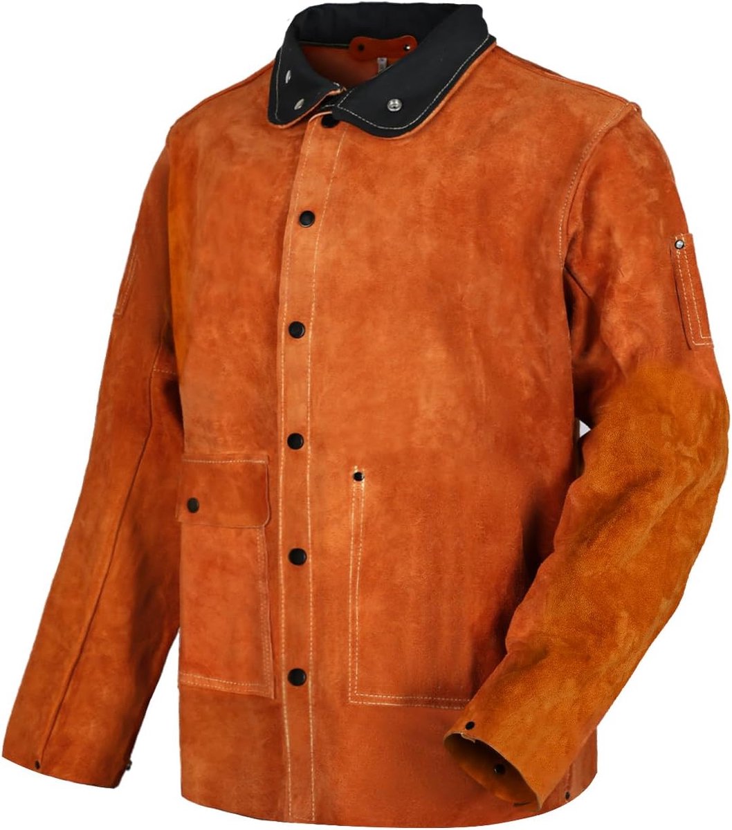 Lasjack Hitte & Vlam Bestendig, Leer Werkjack voor Lasser Houtbewerker, Heavy Duty Split Koeienhuid Werkjas Werkersjas, Bruin, XL