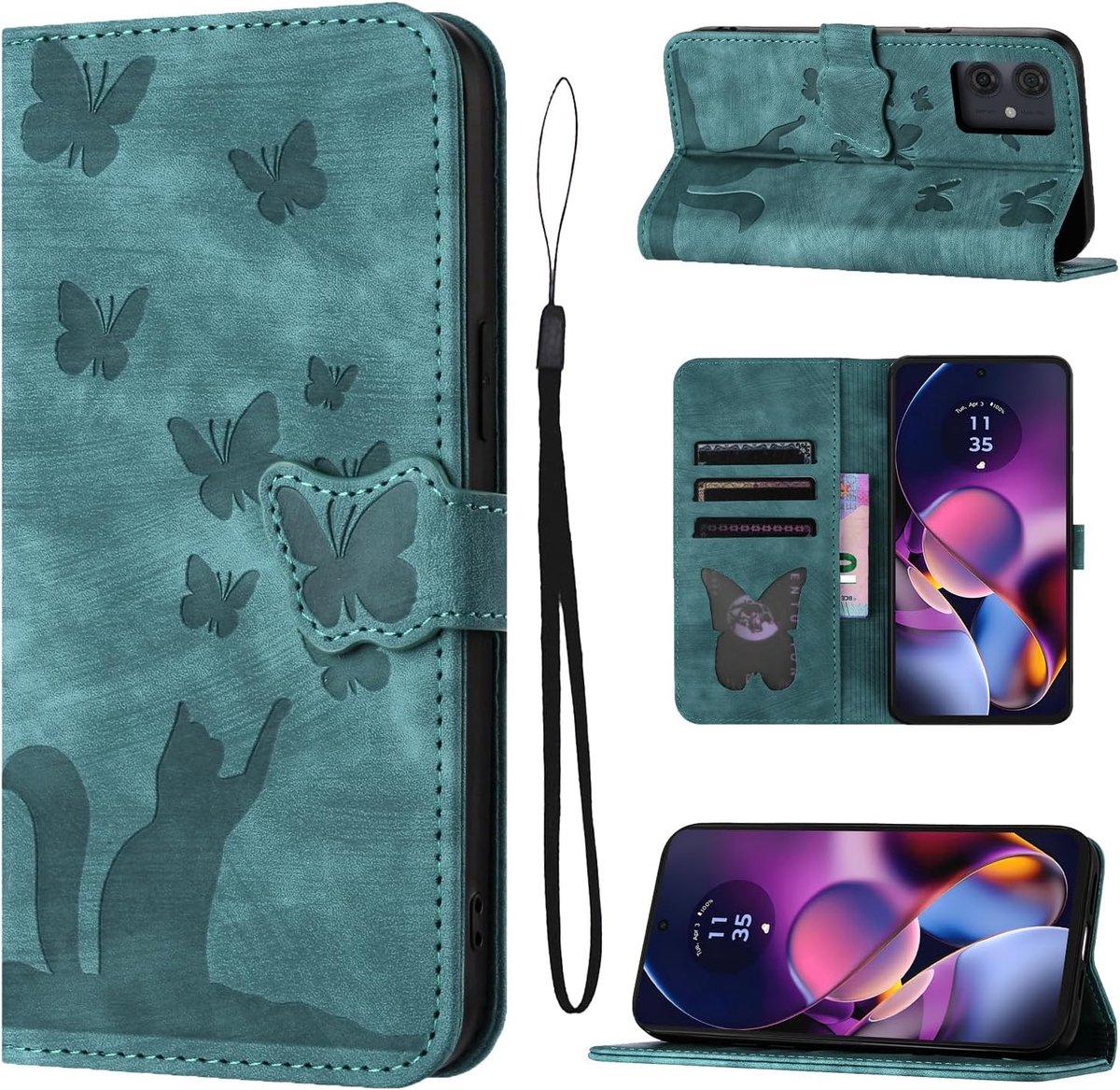 Beschermhoes voor Motorola Moto G54 5G 6,5 inch, standaardfunctie, Motorola G54, hoes met kaartsleuven, Moto G54 5G, katten, vlinderpatroon, leren hoes, groen