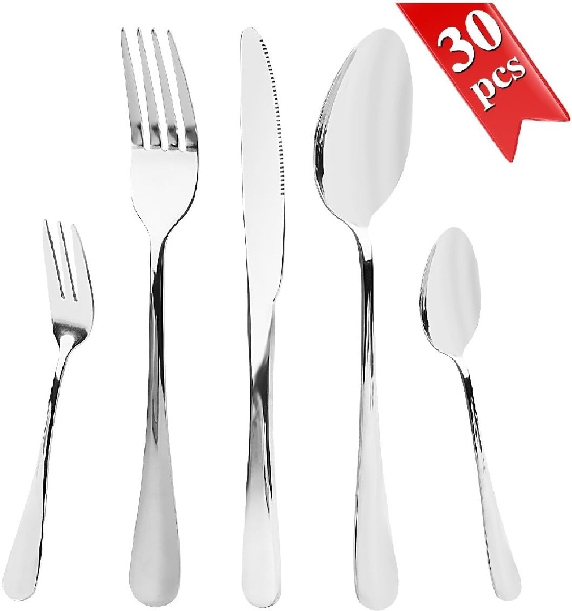 Bestekset voor 6 personen, 30-delige bestekset incl. mes, vork, lepel, bestekset spiegelgepolijst, eetbestek, vaatwasmachinebestendig, roestvrij stalen bestek voor thuis, keuken, restaurant