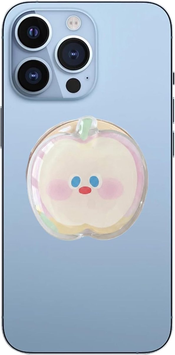 handgreep, inklapbare standaard en handgreep, voor smartphone/Kindle/tablet, vingerhouder voor mobiele telefoon, emoji met rode appel, 1 stuks
