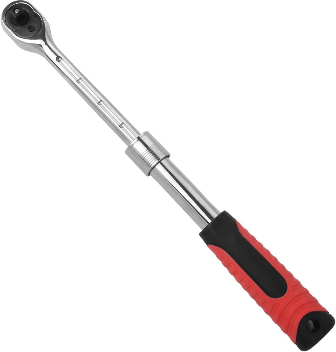 Uittrekbare ratel 3/8 inch – telescopische dopsleutel 72 tanden met snelle ontspanning – ergonomische handgreep rood/zwart – lengte verstelbaar 25-35 cm – veelzijdig mechanisch gereedschap