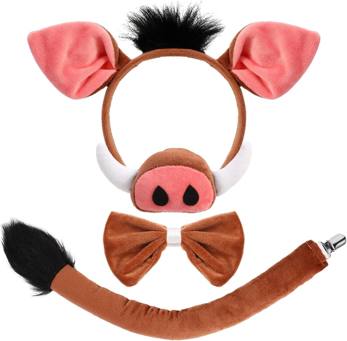 Kostuumset, Warthog oren en staart set met Warthog hoofdband en Warthog staart voor dierenkostuum, cosplay, verjaardagsfeest, Halloween, fancy dress, feestartikelen